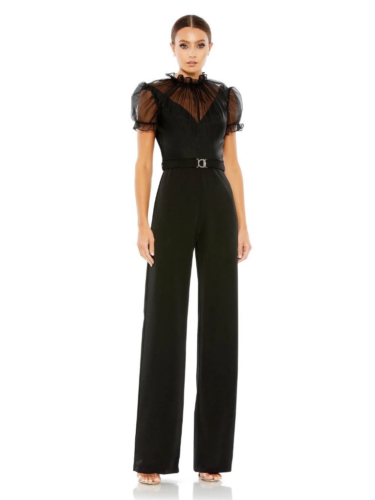 Mac Duggal Size 2 Black 26621 Ruffle Neck Belted Jumpsuit Cocktail Wedding Party